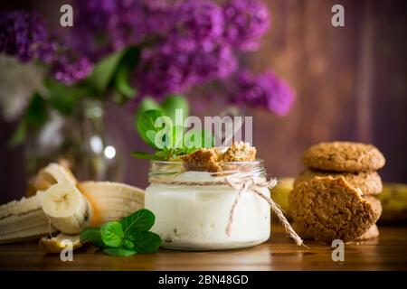 Süßer hausgemachter Joghurt mit frischen Bananen und Scheiben Haferflocken Stockfoto
