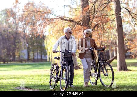 Altes Paar mit Fahrrädern, die im Park spazieren gehen Stockfoto