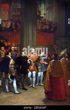 Kaiser Karl V. wird von König Franz I. von Frankreich 1540 in der Abtei von Saint-Denis empfangen, 1812 neoklassisches Meisterwerk-Gemälde von Antoine Jean Gros im Musée du Louvre. Stockfoto