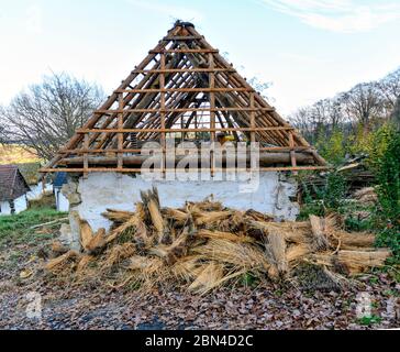 Alte hölzerne Dachkonstruktion ohne Abdeckung auf einem Weinbauhaus und Bündel Stroh für eine neue Abdeckung, Österreich Stockfoto