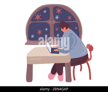 Männer, die zu Hause arbeiten. Coronavirus fliegt vor dem Fenster. Prävention von Covid 19, Stay Home Konzept. Stock Vektor