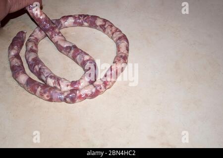 Hausgemachte Wurst zu Hause machen. Füllung Schweinedarm mit Fleisch und Fett. Die erste Phase der Arbeit. Das Foto zeigt den Teil der Hand, der hält Stockfoto