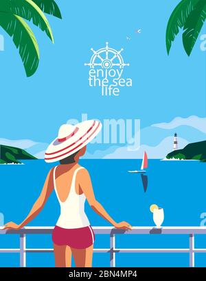 Sommer Meer flach Farbvektor. Poster mit Blick auf den blauen Ozean. Handgezeichneter Pop Art Retro-Stil. Urlaub Urlaub Saison Meer Reisen Freizeit Stock Vektor