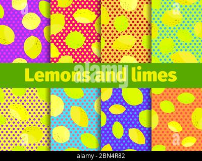Lemon Set von nahtlosen Muster. Gelbe und grüne Zitronen und Limette auf Pop Art-Stil Hintergrund. Hintergrund für Broschüren, Werbematerial und Wallpa Stock Vektor