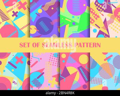 Set von nahtlosen Mustern mit geometrischen Formen im Stil von Memphis 80s. Achtziger Jahre drucken bunten Hintergrund für Werbeartikel, Verpackung pap Stock Vektor