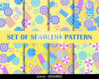 Strand-Set von nahtlosen Muster. Blick von oben. Jeder Schirm und Handtuch auf dem Sand. Flaches Design. Sommer Hintergrund. Vektorgrafik Stock Vektor