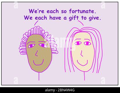Farbe Cartoon zeigt zwei lächelnde und ethnisch verschiedene Frauen sagen, wir sind jeder so glücklich, wir haben jedes ein Geschenk zu geben. Stockfoto