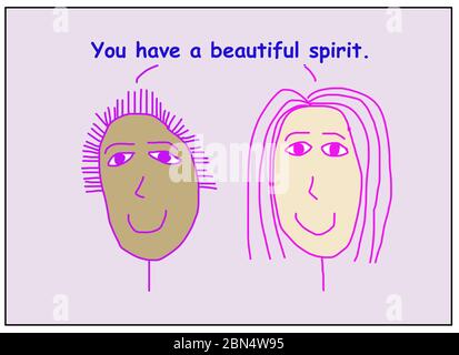 Farbe Cartoon zeigt zwei lächelnde und ethnisch verschiedene Frauen sagen, Sie haben einen schönen Geist. Stockfoto