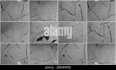 Set von Not rissig Beton, verrostete Metallstruktur. Schwarz-weiß Grunge Hintergrund. Stockfoto