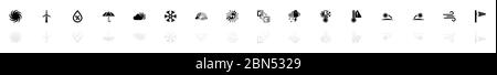 Wetter-Icons - Schwarz horizontale Illustration Symbol auf weißem Hintergrund mit einem Spiegel Schatten Reflexion. Flacher Vektor. Stock Vektor