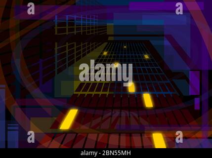 Abstrakte bunte geometrische Quadrate Hintergrund, 3d-Rendern, abstrakte futuristische Stadtkulisse, virtuelle Realität . Dark Fantasy Konzept künstlerische Design Stockfoto