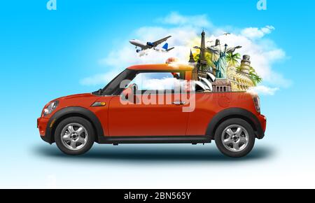 Lustige Retro-Auto mit berühmten Denkmälern in einem Auto auf blauem Hintergrund isoliert. Ungewöhnliche Sommer Reise 3d Foto Manipulation Illustration. Sommerurlaub Stockfoto