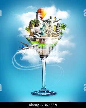 Glas mit verschiedenen berühmten Weltdenkmälern und Flugzeugen in Wolken um sie isoliert auf blauem Hintergrund. Ungewöhnliches Reisekonzept. Vertikale Aufnahme Stockfoto