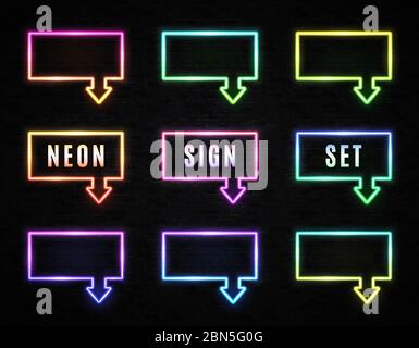 Neon quadratischen Rahmen mit Pfeil, leere Stelle für Text auf schwarzem Backstein Hintergrund. Farbverlauf Licht elektrisch glänzenden Zeichen Design. Nachts glühender Rechteckiger Stock Vektor