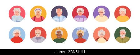 Alte Leute setzen Avatare Cartoon-Stil. Multi Nationalität ältere Gesichter Mann und Frauen. Verschiedene Nationen Vertreter Sammlung von Porträts. Isolierte Vektordarstellung Stock Vektor