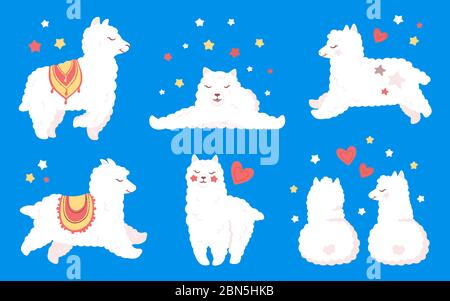 Lamas oder Alpaka-Sets. Lustige flache Cartoon-Figur, lächelndes Tier. Süße weiße Kinder Lamas mit Herzen und Sternen. Isoliert auf blauem Hintergrund, Vektorgrafik Stock Vektor