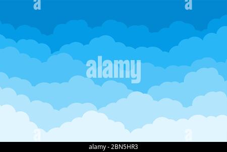Blauer Himmel mit weißen Wolken Landschaft Hintergrund. Grenze der Wolke flach Cartoon-Stil. Wolkig-Himmel-Szene im Lagenlook. Design Panorama für Banner, Poster, Flyer, Karte, Web-Design Vektor-Illustration Stock Vektor