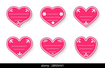 Pink Hearts Papier geschnitten Vintage Etiketten Set. Zeichen des Valentinstag für Preisschilder, Aufkleber über Liebe. Verschiedene Form leere Vorlage mit dekorativen Elementen für Textfeld. Isolierte Vektordarstellung Stock Vektor