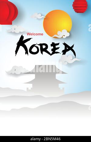 Papierkunst von Willkommen zu Südkorea Reise und Wahrzeichen, schön von Korea background.Vector Illustration Stock Vektor