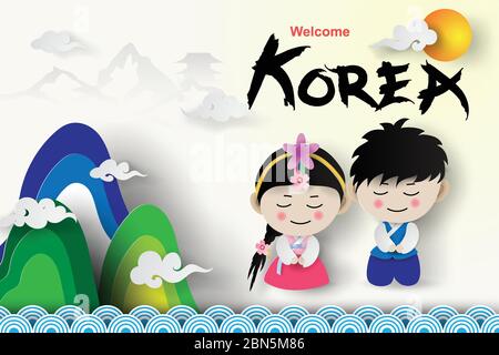 Willkommen Travel Tourism.Korea traditionelle niedliche junge und Mädchen in koreanischen Kostüm mit Wahrzeichen Bergpalast Szene Ort für Ihren Text.Papier geschnitten und c Stock Vektor