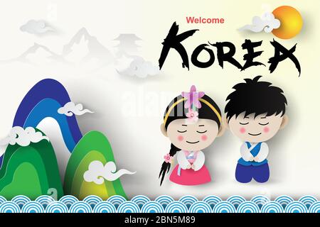 Willkommen Travel Tourism.Korea traditionelle niedliche junge und Mädchen in koreanischen Kostüm mit Wahrzeichen Bergpalast Szene Ort für Ihren Text.Papier geschnitten und c Stock Vektor