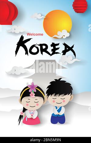 Willkommen Travel Tourism.Korea traditionelle niedliche junge und Mädchen in koreanischen Kostüm mit Wahrzeichen Bergpalast Szene Ort für Ihren Text.Papier geschnitten und c Stock Vektor