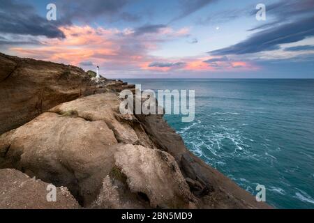 Leuchtturm auf den Klippen von Castlepoint, im hinteren türkisfarbenen Ozean, Masterton, Wellington, Neuseeland Stockfoto