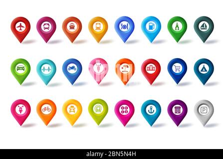 Travel Map Pin Icons Vektor gesetzt. Bunte Navigationskarte Pins Button mit verschiedenen Zeichen für Karte und Marker isoliert in weißem Hintergrund. Stock Vektor