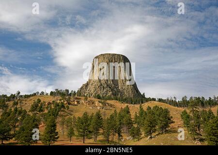 WY04231-00...SOUTH DAKOTA - der Teufelsturm erhebt sich aus der Prärie und landet im Devil's Tower National Monument. Stockfoto