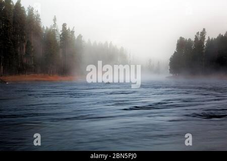 WY04279-00...WYOMING - Morgennebel am Firehole River im Yellowstone National Park. Stockfoto