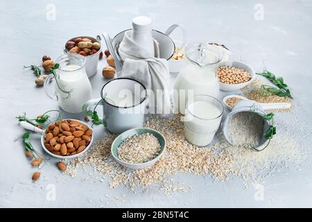 Verschiedene vegane pflanzliche Milch und Zutaten. Milch-freie Milch-Ersatz-Getränk. Gesundes veganes und vegetarisches Diätkonzept. Stockfoto