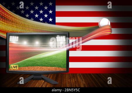 American Baseball Sports Live-Konzept mit TV-Monitor zeigt die neueste VR-Streaming-Technologie und realistische HD-Ball im Flug. Stockfoto