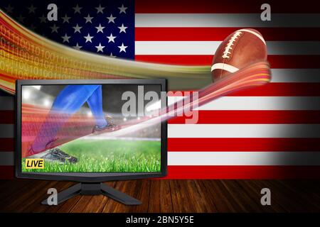 American Football Sports Live Concept mit TV-Monitor zeigt die neueste VR-Streaming-Technologie und realistische HD-Ball im Flug. Stockfoto