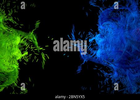 Blau und grün leuchtende Wolke Computing mit Partikeln. Coronavirus-Konzept. Vom Computer generierter abstrakter Hintergrund. 3d-Illustration Stockfoto