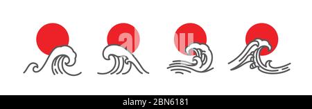 Japan Welle und rote Sonne Vektor-Illustration Set. Lineare Kunst der großen Welle. Minimalistischer Stil für Logo, Icons oder T-Shirt-Design. Stock Vektor