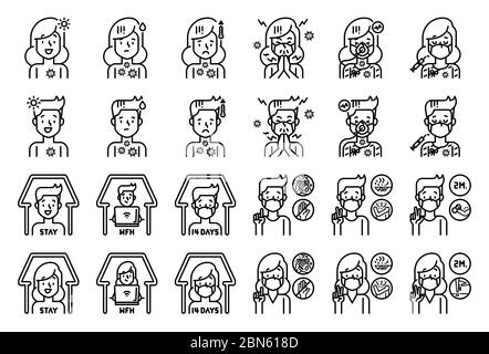 Mann und Frau mit Symptomen von Covid-19 und Symbol für die Linie des Gesundheitswesens. Stock Vektor