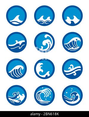 Ocean Wave Symbol gesetzt. Moderne und traditionelle Meereswellen-Stil für Logo, Surf-Sport, Tattoo. - Vektor. Minimalistisches Design in Kreisform. Stock Vektor