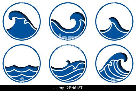 Ocean Wave Symbole Vektor.Blue Meer Linie Papier schneiden Zeichen. Stock Vektor