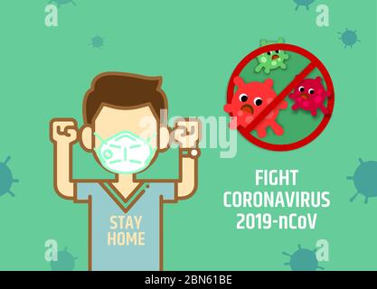 Ein Mann mit medizinischer Maske hob die Arme im Kampf Coronavirus 2019-NCoV Konzept. Bleib zu Hause. Stock Vektor