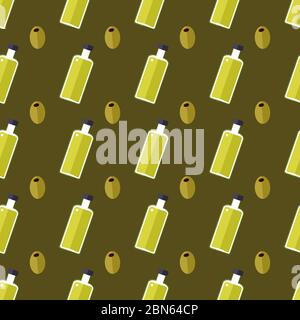 Nahtloses Muster mit Oliven und Olivenölflaschen. Flaches Design auf dunklem Hintergrund. Vektorgrafik Stock Vektor
