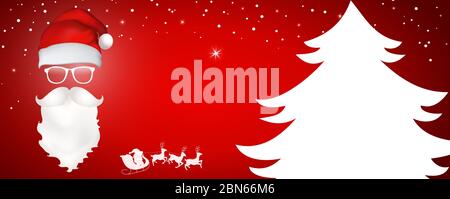 Rotes Webbanner für Weihnachten. Gesicht Weihnachtsmann mit Hut - Brille - Bart und Schnurrbart. Urlaubssymbole. Weihnachten und Neujahr möchten personalisiert werden Stock Vektor