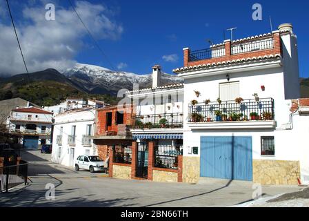 Reihenhäuser mit schneebedeckten Bergen im hinteren Teil des Dorfes, weiß getünchtes Dorf (Pueblo Blanco), Sedella, Spanien. Stockfoto