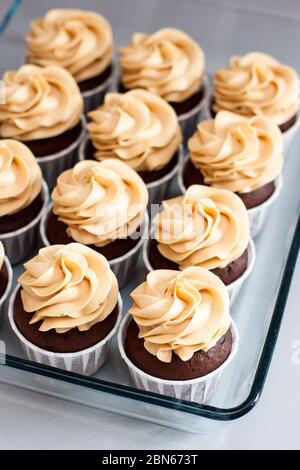 Schokolade Cupcakes mit Erdnussbutter-Frischkäse-Aufstrichen auf Glastablett. Schlichter Hintergrund Stockfoto