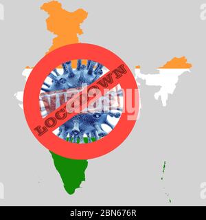 Warnung zur indischen Karte für COVID-2019. SARS-NCoV-19. Bekämpfung der Viruspandemie Stockfoto