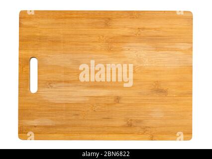 Draufsicht hochwertige Holz Schneidebrett, braunes Holz. Schneidebretter aus natürlichem Bambus. Isoliertes Bild Küche Utensil auf weißem Hintergrund. Stockfoto