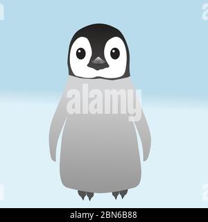 Eine digitale Vektorzeichnung eines Kükens des Kaiserpinguins. Das Küken steht allein in einer flachen Landschaft und schaut direkt auf einen. Die Landschaft ist ein Stock Vektor