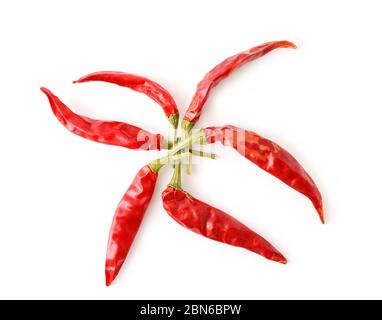 Draufsicht auf getrocknete rote Chili-Paprika in Sternform auf weißem Hintergrund angeordnet. Stockfoto