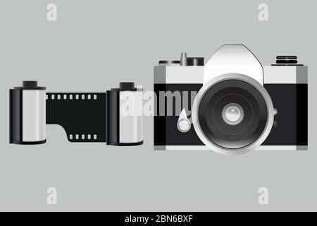 Analoge Kamera und zwei Filmrollen. Ausrüstung für analoge Fotografie. Negative Kamera. Farb- und Schwarz-Weiß-Negativfilme. Ein Retro-Hobby. Mo Stock Vektor