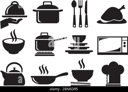 Schwarz-weiß Vektor-Icons von Küchenutensilien und Geräte für das Kochen und die Zubereitung von Speisen auf weißem Hintergrund isoliert. Stock Vektor