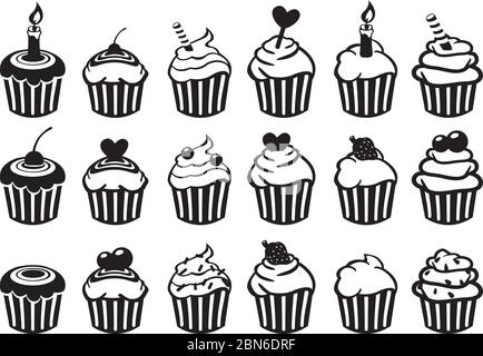 Set von achtzehn Vielfalt von Cupcake Vektor-Illustration in schwarz und weiß isoliert auf weißem Hintergrund. Stock Vektor